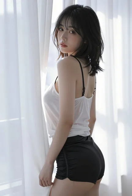 A dreamy portrait of a woman with pure desire aesthetic, featuring soft backlighting, white sheer curtains, and a gentle expression. She wears a white sheer camisole and black satin shorts, creating a blend of innocence and subtle sensuality.
