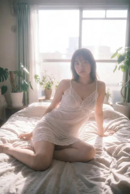 A dreamy soft-focus portrait of a young Japanese woman in a white lace camisole lying on a bed, bathed in bright sunlight with strong lens flare and ethereal glow, evoking a nostalgic Fujifilm aesthetic.