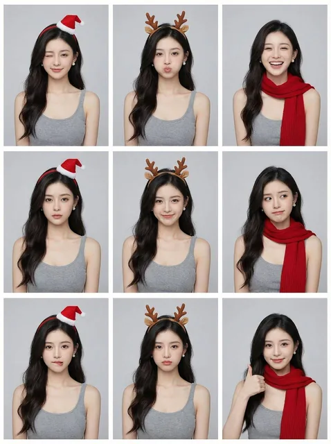 A single contact sheet image containing a 3x3 photo grid of a young Asian woman in a simple grey tank top against a solid light grey background, each panel featuring a different playful expression and a subtle Christmas accessory like a Santa hat, reindeer antlers, or a red scarf.