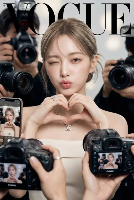 A realistic Vogue magazine cover-style fashion portrait of an elegant young woman winking and making a playful duck-face expression while forming a heart gesture with her hands. She is surrounded by DSLR cameras and smartphones capturing her from all directions, wearing a minimalist beige-white stra