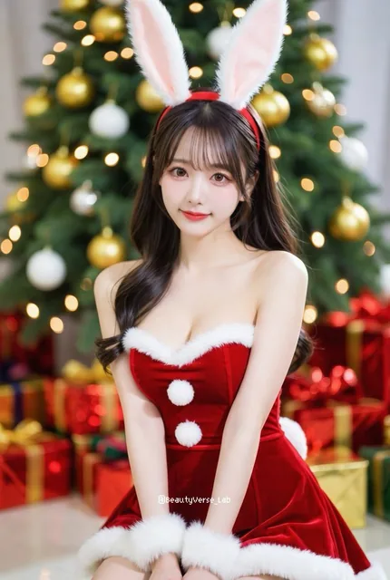 A stunning K-pop idol in a festive red velvet bunny dress with fluffy white ears, kneeling gracefully in a cozy Christmas room with a beautifully decorated tree and gift boxes in the background, captured with soft warm lighting and shallow depth of field.