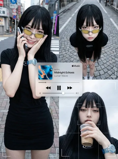 A multi-frame street portrait collage featuring the same woman in three different poses and expressions, with a translucent iOS-style Apple Music player UI perfectly centered over the composition, showing a randomly generated song and artistic thumbnail.