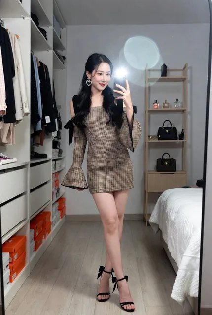 A young East Asian woman takes a full-body mirror selfie in a cozy walk-in closet. She wears a black and beige checkered mini dress with bell sleeves and stands in black high-heeled sandals. The background shows an organized wardrobe with clothes, shoe boxes, and a bed.