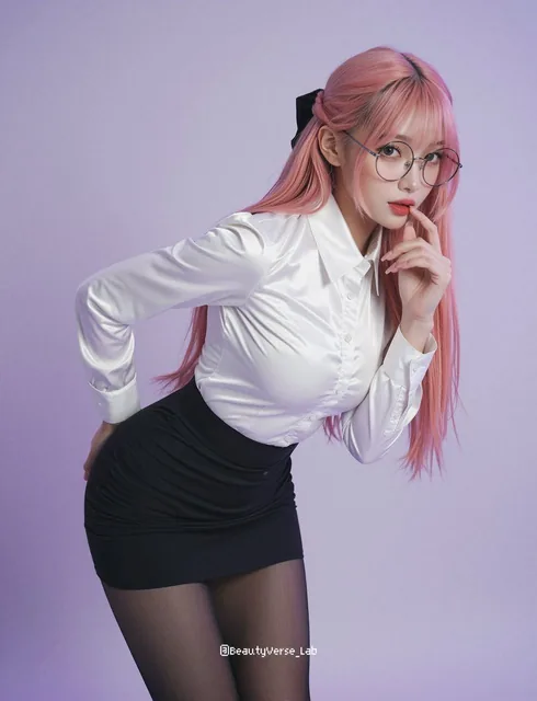 A stunning K-pop idol with long pastel pink hair in a low ponytail, wearing gold round glasses and a white satin blouse with a black mini skirt. She has a playful expression with her finger touching her lips, set against a soft lavender studio backdrop.