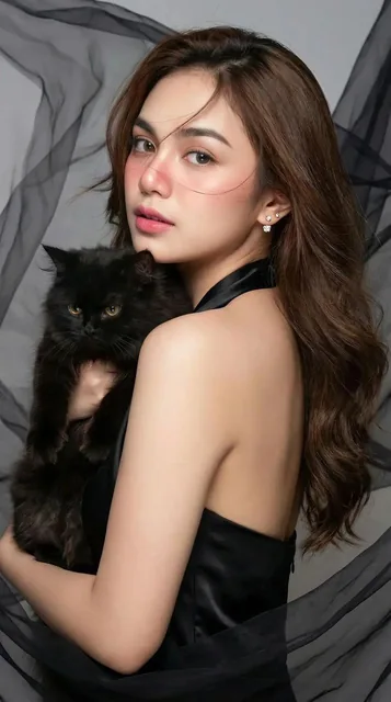 A close-up high-fashion portrait of a young Asian woman glancing back over her shoulder, with long wavy brown hair, wearing a black satin halter-neck dress and sheer fabric, holding a black cat, with soft dimensional lighting and a mysterious artistic background.