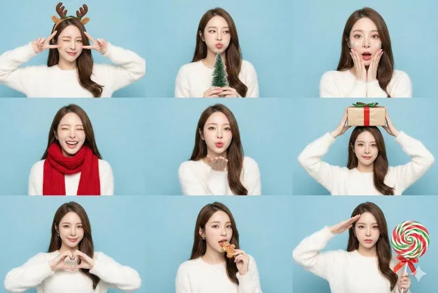 A 3x3 photobooth-style grid collage featuring a character in a soft white mohair sweater against a pastel blue backdrop. The character shows 9 different poses including winking, pouting, surprised, laughing, blowing a kiss, and making heart hands, all with consistent facial features and bright studi