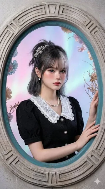 A hyperrealistic cinematic fashion portrait of a young Asian woman with fair porcelain skin, elegantly posed inside an ornate oval stone window frame. She wears a high-fashion black outfit with a white lace collar and puffed sleeves, adorned with a pearl necklace. Her hands rest gently on the teal-b