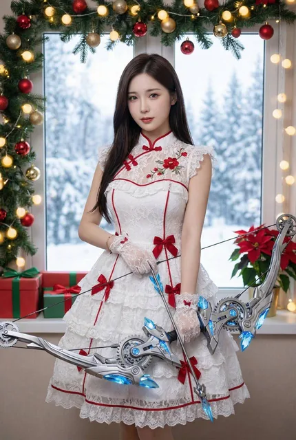 A photorealistic portrait of a beautiful young Asian woman in a white lace fusion dress, drawing a futuristic red mechanical bow with a glowing energy arrow, standing by a Christmas-decorated window overlooking a snowy forest.