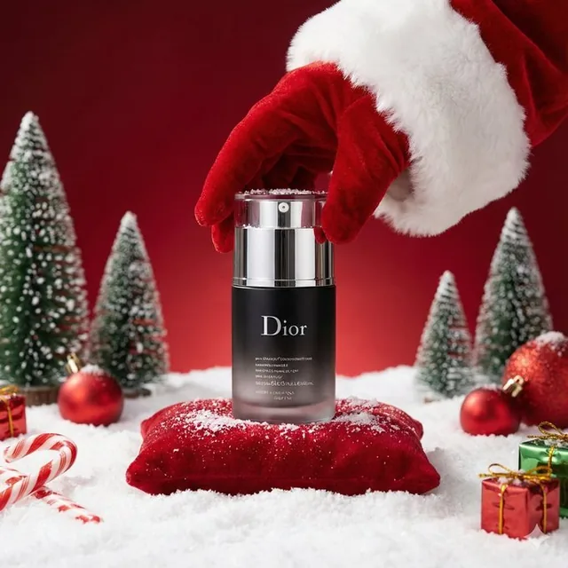 A photorealistic luxury Christmas product photoshoot featuring an uploaded product as the central hero object, placed upright in a festive environment with warm golden lighting, soft snow, holiday props, and a shallow depth of field.