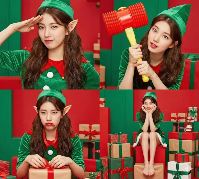 A photorealistic quadriptych of the same female character in four different Christmas-themed poses. She wears a green elf costume, plays with a giant toy hammer, wraps a gift, and sits on a pile of presents, all within a vibrant red and green Christmas workshop setting with bright studio lighting.