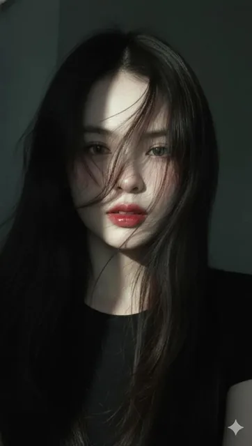 An ultra-realistic 8K close-up portrait of a woman with black hair blowing in the wind, partially covering one eye. A sharp diagonal beam of natural light highlights her intense gaze, bright irises, high cheekbones, and glossy lips, set against dark shadows for a cinematic editorial atmosphere.