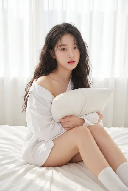 A photorealistic portrait of a beautiful Korean female K-pop idol with an innocent baby face, big doe eyes, and glossy pink lips. She wears an oversized white shirt slipping off one shoulder, sits on a messy white bed hugging a pillow, bathed in soft morning sunlight with sheer curtains creating a d