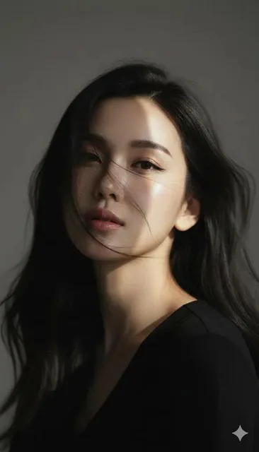 A close-up Korean editorial portrait of a young woman with porcelain-white skin, her black hair lifted by the wind. A single hard light beam strikes her face at a 45-degree angle, creating sharp illumination and deep shadows, with a subtle rainbow refraction in the lit area.