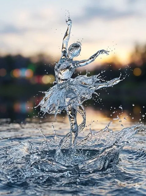 An ultra-realistic monochromatic sculpture of a frozen liquid splash, created from dynamic water jets and sharp droplets, captured in high-speed photography style with crystalline textures under a twilight sky's warm and cool lighting.
