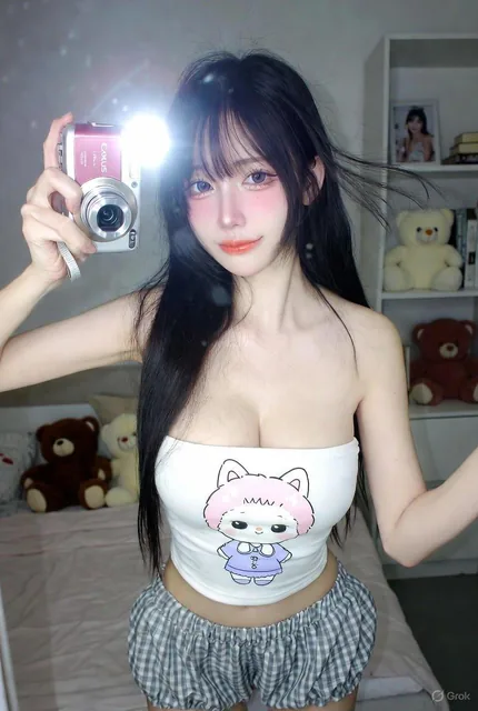 A young woman takes a selfie with an early-2000s Canon IXUS digital camera in front of a bedroom mirror at night. She wears a white strapless top with cartoon print and checkered shorts, with long dark hair. The room features light bedding, teddy bears, and minimalist decor with direct flash lightin