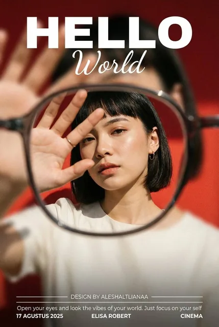 Close-up portrait of a young woman with dark bob hair, looking directly at the camera through a glasses lens window, set against a red background with harsh sunlight casting shadow