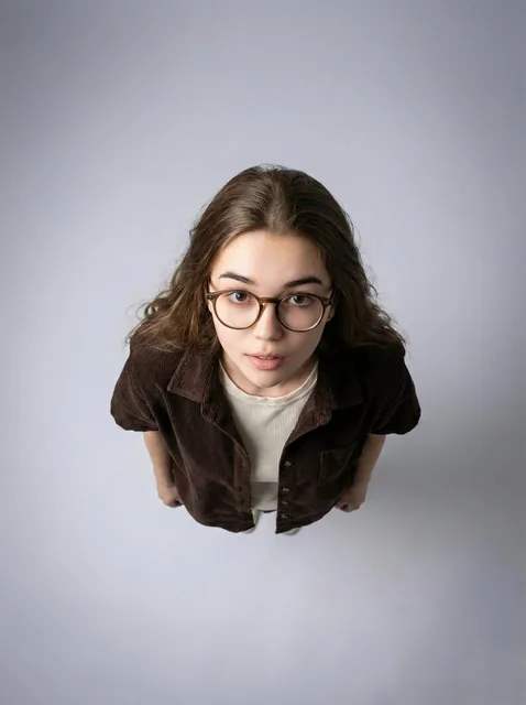 A high-resolution aerial studio portrait of a woman looking up towards the camera, wearing round glasses and a dark brown shirt, isolated against a soft gray gradient background with dramatic top-down perspective and minimalist composition.