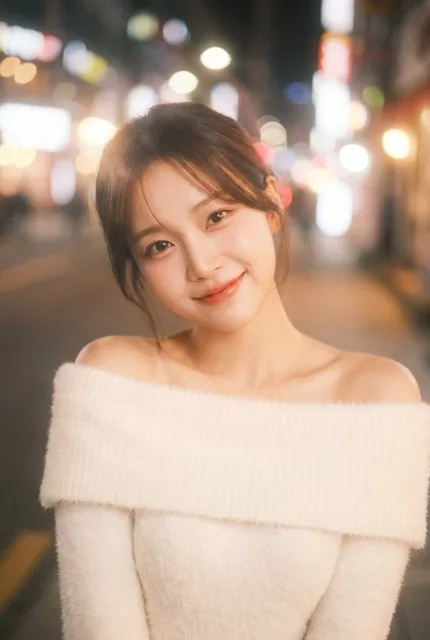 Close-up shot from a boyfriend's perspective of a cute and sexy Korean K-pop idol with a flirty smile, wearing a soft white fluffy sweater on a winter night date. The image features heavy soft focus, a dreamy hazy atmosphere with halation, glowing skin, and city lights bokeh in the background, all i