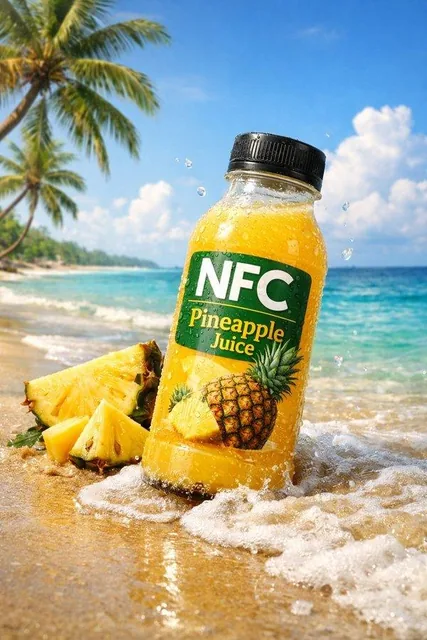 A series of photorealistic advertising shots for NFC juice bottles in various environments: a pineapple juice bottle on a tropical beach with splashing waves, a frosted strawberry juice bottle on icy mountain rocks, a citrus blend bottle in a lush grove with a water splash, and a tropical mixed juic