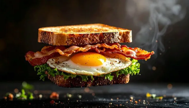 A hyper-realistic and cinematic professional food photography shot of delicious food floating in mid-air against a dark studio background, with intricate details and dramatic studio lighting, suitable for advertising.