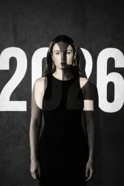 A high-contrast black and white cinematic portrait of a young woman in a black dress, with the projected numbers '2026' creating dramatic light and shadow across her face and body against a textured dark gray wall.