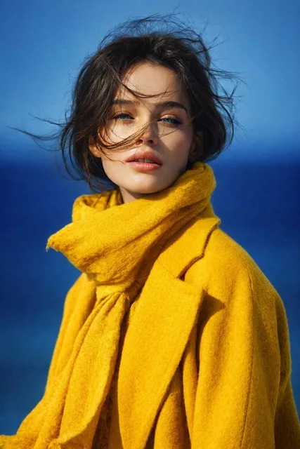 A highly detailed portrait of a young woman with fair skin and light blue-green eyes, wearing a deep royal blue coat and scarf. Her dark brown hair is slightly wind-blown, and she has a calm, neutral expression. The background is a soft blue gradient, out of focus, creating a serene and minimalist m