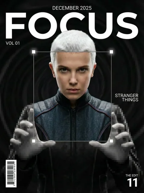 A high-end fashion magazine cover featuring a confident young female model in a dynamic pose, looking directly at the camera from a low-angle shot. She interacts with a rectangular selection frame covering her face and shoulders. Inside the frame is clear and in natural color, while the outside is c