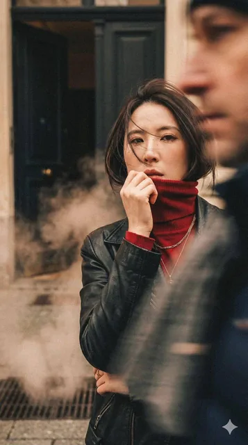 A hyper-realistic cinematic portrait of a person in a black vintage leather jacket and red turtleneck, with wind-blown short hair partially covering the face. Shot from a low angle on a European winter street with heating steam, featuring motion blur in the foreground and the subject looking calmly