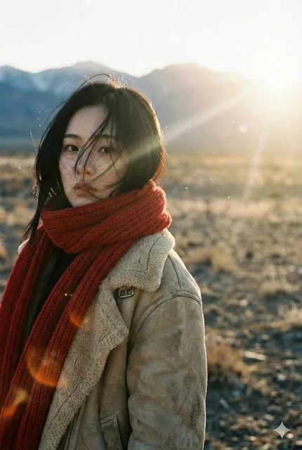 A cinematic film-style portrait of a beautiful young Chinese woman with messy black hair blown by the wind, wearing a bright red knitted scarf and a beige shearling jacket, standing in a cold wilderness with distant mountains at sunset, featuring intense golden backlight, lens flare, and film grain