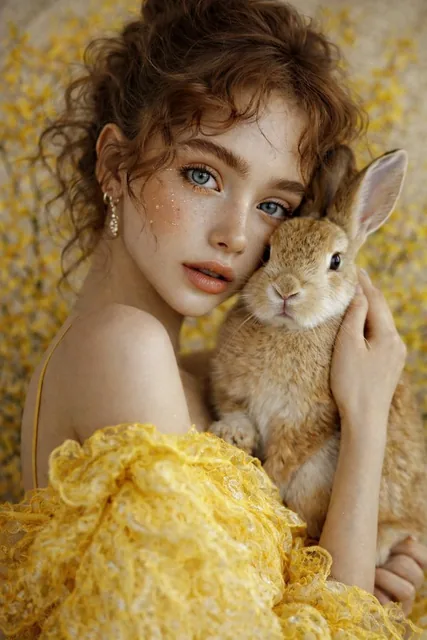 A hyperrealistic portrait of a young woman with light brown curly hair in a bright yellow lace gown, holding a light beige rabbit close to her cheek. Soft, dreamlike lighting illuminates her serene expression and the rabbit's plush fur against a blurred background of yellow flowers.