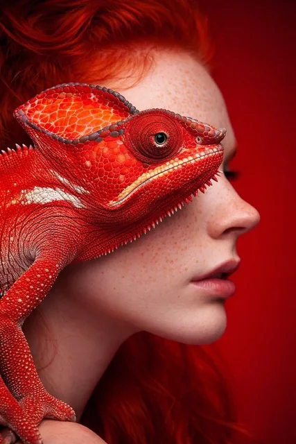 Extreme close-up of a fair-skinned face with dense freckles, featuring a bold red eyeshadow and a bright red betta fish pressed against the nose and cheek area.