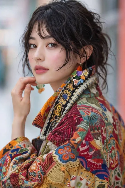 A young woman with fair skin and dark hair in a medium close-up portrait, wearing a vibrant multi-colored embroidered patchwork jacket. She has a calm expression and is looking slightly past the camera, with soft natural lighting creating gentle highlights on her face and the detailed fabric texture