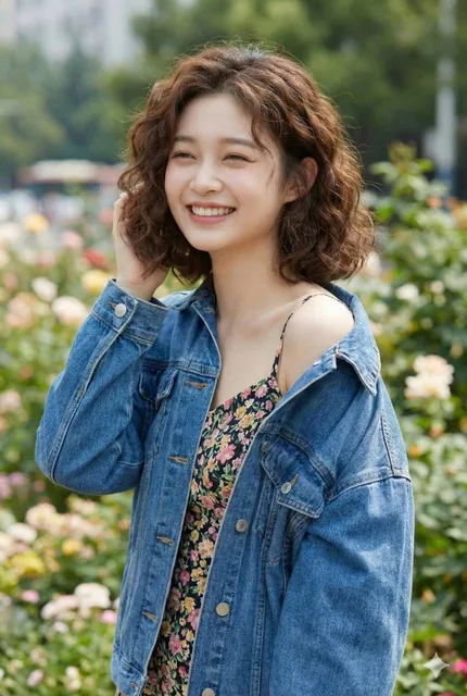 A photorealistic AI-enhanced portrait of a cheerful young woman with short curly brown hair, wearing a denim jacket and floral dress, smiling in a soft-lit urban garden with blurred pink blossoms and green foliage in the background.