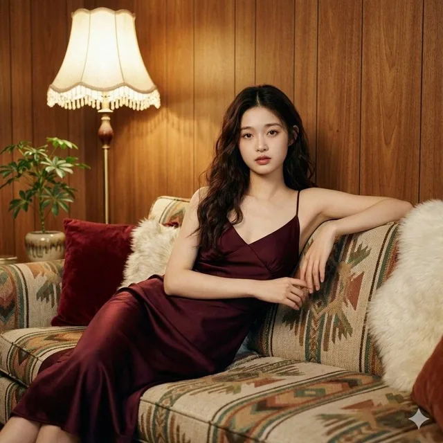 A photorealistic cinematic portrait of a young woman in a 1970s vintage living room. She reclines on a patterned sofa wearing a burgundy satin slip dress, bathed in warm ambient light from a floor lamp with a cream fabric shade. The background features wood-paneled walls and a small leafy plant.