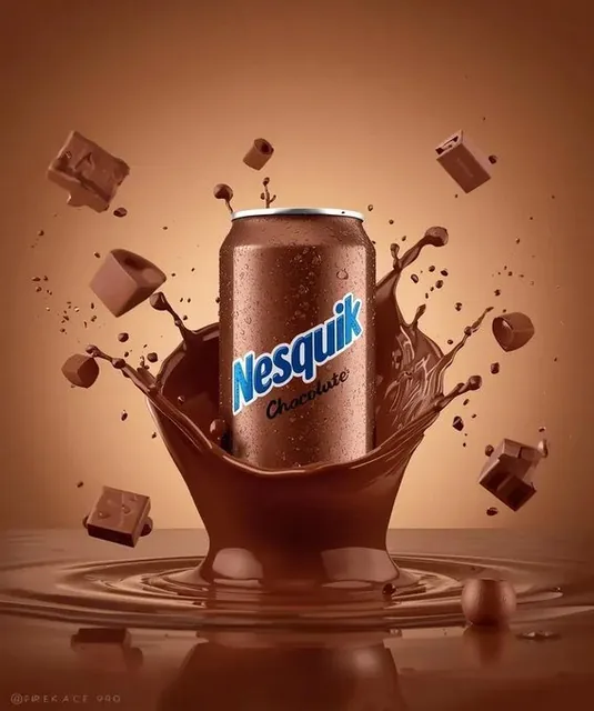 An ultra-realistic product photo of a chilled Nesquik chocolate drink aluminum can at the center, covered in condensation droplets, emerging from dynamic chocolate splashes and cocoa powder dusting.