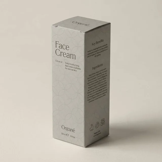 An ultra-realistic 3D rendering of a perfectly assembled cardboard box, shown at a refined three-quarter angle. The box features crisp folds, accurate panel placement, undistorted typography, and a matte paperboard texture, presented on a soft neutral background with gentle diffused lighting.