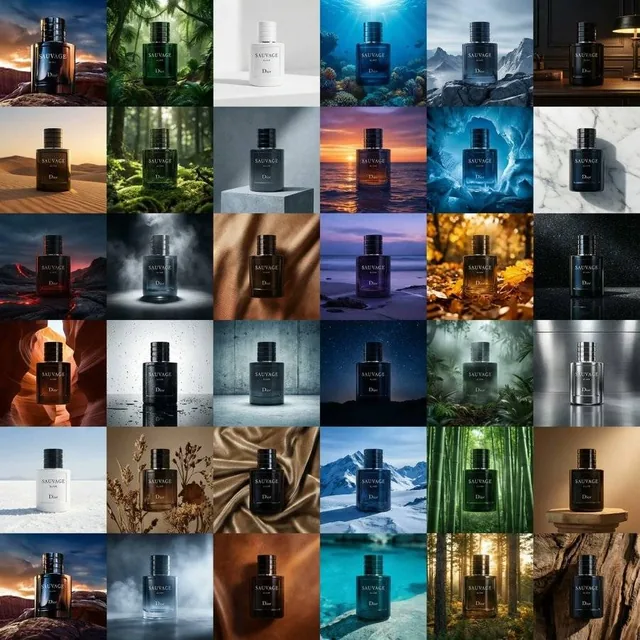 A 6x6 grid displaying 36 unique variations of a product with different color palettes, environments, lighting styles, compositions, and moods while maintaining consistent product recognition and professional quality.