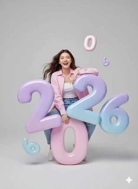 A cheerful young Thai woman with long wavy hair and fresh makeup, smiling and sitting on a glossy pastel 3D number '0' while leaning playfully against an oversized pastel number '2'. She wears a soft pink shirt and light blue jeans in a bright studio with candy pastel colors and high-key lighting, c