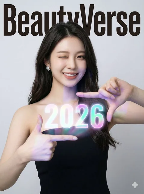 A high-fashion magazine cover featuring a confident woman winking and smiling. She holds her hands at chest level, forming a viewfinder gesture that frames a large, vibrant holographic '2026' projection. The glowing numbers cast colored light on her hands and outfit. The bold magazine title 'BeautyV
