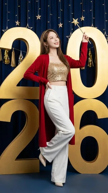 A woman with porcelain-smooth skin and straight long hair stands in an S-curve pose in front of a giant golden '2026' installation. She wears a modern gold sequin top, white high-waisted wide-leg pants, and a red long cardigan, holding a golden star wand under a deep blue starry backdrop.