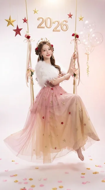 A young woman with pearl-like fair skin and a sweet smile sits on a floating golden swing, wearing a gradient pink-gold gauze dress embroidered with stars and flowers. Her hair is styled in a romantic half-updo with a golden star-moon crown. The background is a soft gradient of white to pink-gold wi