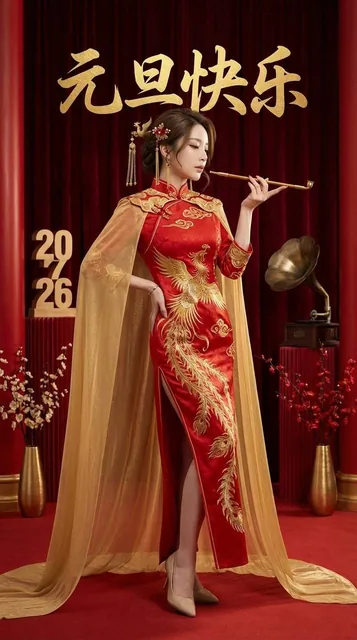 A woman in a traditional red and gold embroidered qipao stands confidently on a red carpet. She holds a long golden cigarette holder and poses against a deep red velvet backdrop with festive 'Happy New Year' calligraphy. Dramatic Rembrandt lighting creates a classic Hollywood studio portrait atmosph