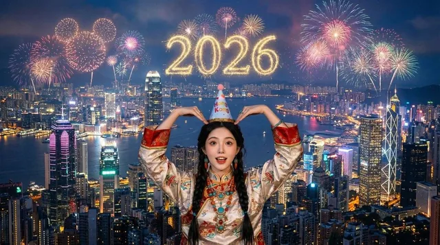 A cinematic aerial shot of a child, based on a reference image, facing forward with hands over shoulders forming a heart shape, wearing festive clothing inspired by Hong Kong culture, overlooking the stunning Victoria Harbour night skyline illuminated by spectacular fireworks and a giant glowing '20