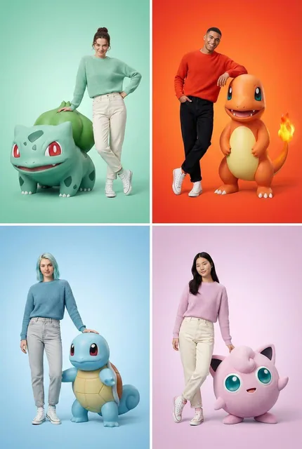 A hyper-realistic fashion editorial series featuring a model posing with giant, photorealistic 3D renders of Bulbasaur, Charmander, Squirtle, and Jigglypuff in a minimalist studio setting with gradient backdrops, wearing coordinated knitwear and jeans.