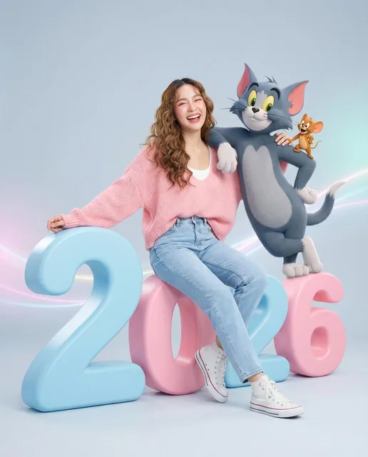 A cheerful young Thai woman with long wavy hair sits playfully on a smooth pastel 3D number, leaning against another number while gently embracing a large realistic 3D Tom Cat, with Jerry Mouse perched on Tom's shoulder, all set in a clean studio with soft blue background and high-key lighting.
