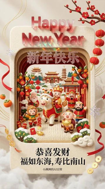 A masterpiece 3D New Year greeting card poster featuring adorable Q-version felt characters from Journey to the West, including the White Dragon Horse in a red vest, celebrating the Year of the Horse. The scene includes festive elements like firecrackers, gold ingots, and red lanterns, with 3D frost