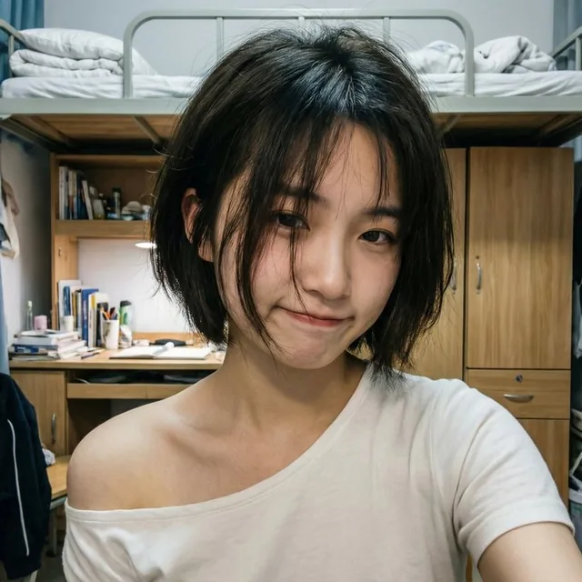 A Chinese female college student with a short, soft tomboy hairstyle, wearing an off-shoulder top, giving a shy yet cool smirk in a clear dormitory selfie with natural lighting.