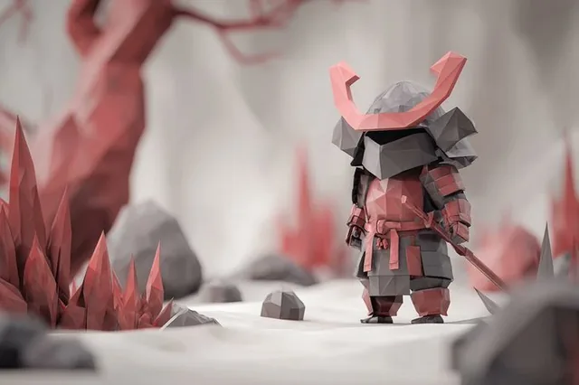 A low-poly 3D render of a subject constructed from clean triangular facets, shaded in flat colors. The scene is set in a stylized minimalist environment with crisp geometry, soft ambient occlusion, and sharp edges, creating a playful digital diorama.