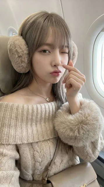 A young woman takes a selfie inside an airplane cabin. Soft natural light from the window illuminates her calm, cute expression as she makes a delicate finger-heart gesture near her face. She has soft Korean-Japanese makeup with glossy lips and elegant nude pink nails, and wears fluffy earmuffs and