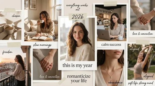 A high-aesthetic vertical vision board collage for 2026, featuring a woman in various lifestyle scenes with integrated inspirational text and affirmations, set in a soft luxury style with warm neutral tones and editorial lighting.